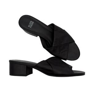 Eileen Fisher Ruche Slide Leather Block Heel Mules Sandals Open Toe Black 9